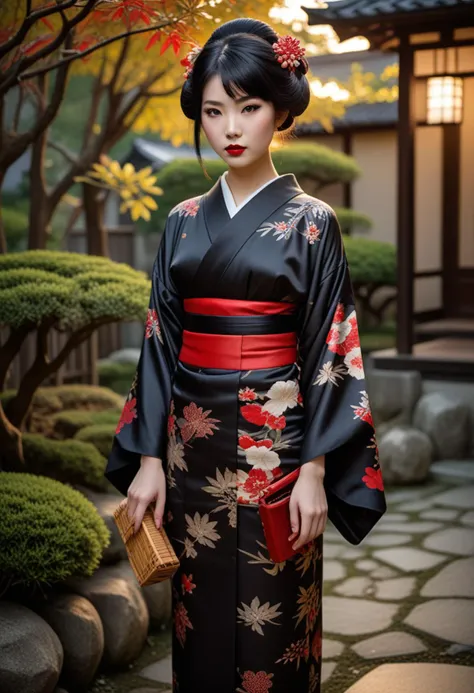 ((fashion photography)), perfect face, perfect eyes, (medium full shot) of (demure geisha) chinese young woman, slim, black hair, hime haircut, brown eyes, (wearing a stunning mofuku kimono with somber black silk and restrained elegance, adorned with discreet patterns and motifs), elaborate red beni lipstick, lacquer kago basket with bamboo and rattan carried on her arm, set in Edo era, in a Samurai Residence Garden, Manicured garden with carefully trimmed bushes and bonsai trees, stone pathways, wooden benches, small pond with koi fish , at sunset, smiling at the viewer, masterpiece, best quality, photorealistic, very aesthetic