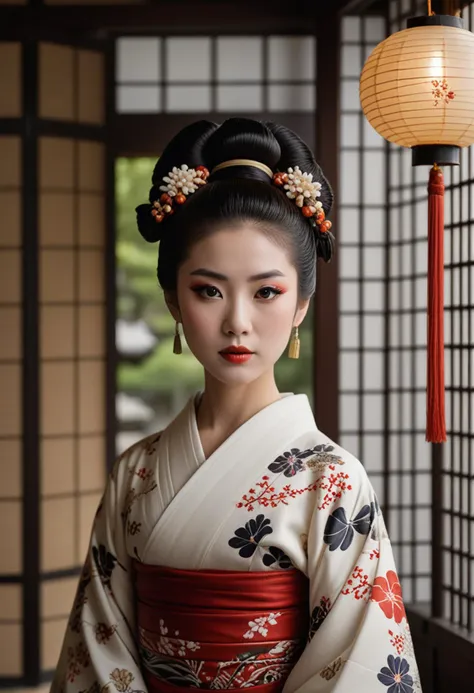 ((fashion photography)), perfect face, perfect eyes, (medium full shot) of  (enchanting geisha) chinese young woman, Medium, black hair, hairbun, dark brown eyes, (wearing a stunning komon kimono with small repeating patterns and understated elegance, adorned with motifs of nature and seasons), elaborate white oshiroi foundation on face and neck, smooth and porcelain-like complexion makeup, silk obi sash with intricate embroidery and tassel fringe, wrapped around the waist and tied in a decorative knot, set in Edo era, in a  Traditional Inn, Quaint wooden building with sliding doors, paper lanterns illuminating the entryway, tatami mat floors, sliding shoji screens separating rooms, view of gently swaying bamboo outside , surprised, open mouth, pointing her finger at the viewer, masterpiece, best quality, photorealistic, very aesthetic