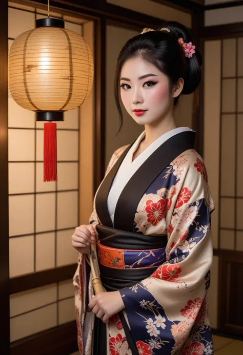 ((fashion photography)), perfect face, perfect eyes, (medium full shot) of  (elegant geisha) chinese young woman, voluptuous, black hair, straight hair, dark brown eyes, (wearing a stunning yukata kimono with lightweight cotton and casual design, adorned with playful patterns and youthful colors), elaborate black kuroko eyeliner, lacquer kago basket with bamboo and rattan carried on her arm, set in Edo era, in a  Bedroom, Futon mattress on tatami flooring, sliding paper doors, low wooden chest for storage, small wooden vanity with a mirror, decorative paper lantern hanging from the ceiling , at night, smiling at the viewer, masterpiece, best quality, photorealistic, very aesthetic