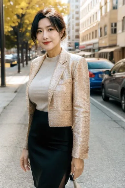 (8k uhd, masterpiece, best quality, high quality, absurdres, ultra-detailed:1.1) RAW photo, 1girl, mature, large breasts, pencil skirt, jacket, pantyhose, high heels, outdoors, <lora:add_detail:0.5>, film grain, <lora:FilmVelvia3:0.7>, natural lighting, perfect lighting, soft smile, natural pose, pores, wrinkled skin, moles, <lora:skin_texture_v2:0.6>