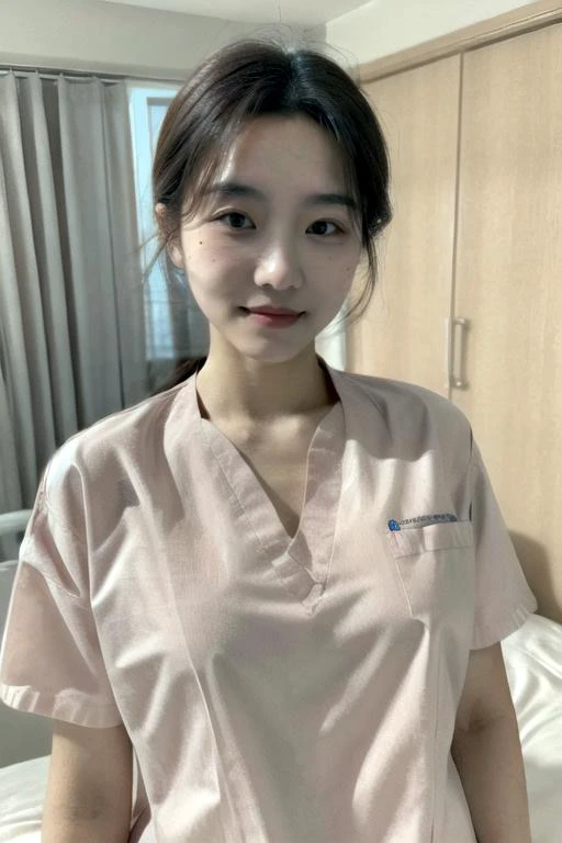 (8k uhd, masterpiece, best quality, high quality, absurdres, ultra-detailed:1.1) RAW photo, 1girl, 20 years old, medium breasts, indoors, nurse uniform, hospital bed, <lora:add_detail:0.4>, film grain, <lora:FilmVelvia3:0.6>, soft smile, pores, wrinkled skin, moles, <lora:skin_texture_v2:0.6>