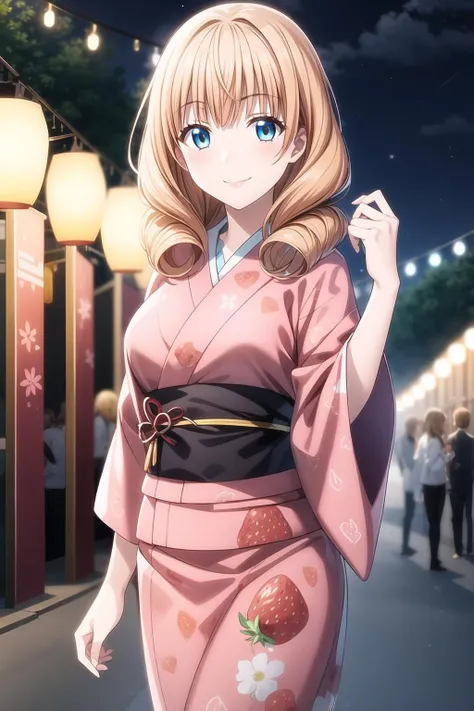 1girl, strawberry blonde hair, aquamarine-blue eyes, twin drill hair, kimono, lights, night, festival background, outdoor, smile, solo, look at viewer, cowboy shot, rika_saionji, <lora:add_detail:0.7>