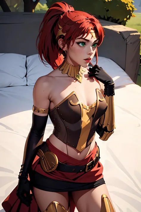 (masterpiece, best quality), 1girl, <lora:PyrrhaNikos:1> PyrrhaNikos, green eyes, red hair, ponytail, long hair, sidelocks, headband, collar, gold jewels, armor, brown corset, skirt, (black arm band:1.2), glove, belt with red clothe, leg sheaths, boots