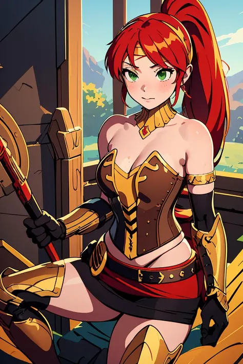 (masterpiece, best quality), 1girl, <lora:PyrrhaNikos:1> PyrrhaNikos, green eyes, red hair, ponytail, long hair, sidelocks, headband, collar, gold jewels, armor, brown corset, skirt, (black arm band:1.2), glove, belt with red clothe, leg sheaths, boots
