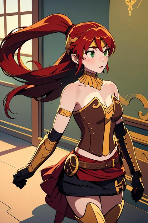 (masterpiece, best quality), 1girl, <lora:PyrrhaNikos:1> PyrrhaNikos, green eyes, red hair, ponytail, long hair, sidelocks, headband, collar, gold jewels, armor, brown corset, skirt, (black arm band:1.2), glove, belt with red clothe, leg sheaths, boots