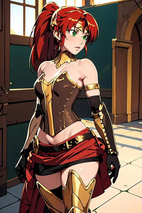 (masterpiece, best quality), 1girl, <lora:PyrrhaNikos:1> PyrrhaNikos, green eyes, red hair, ponytail, long hair, sidelocks, headband, collar, gold jewels, armor, brown corset, skirt, (black arm band:1.2), glove, belt with red clothe, leg sheaths, boots
