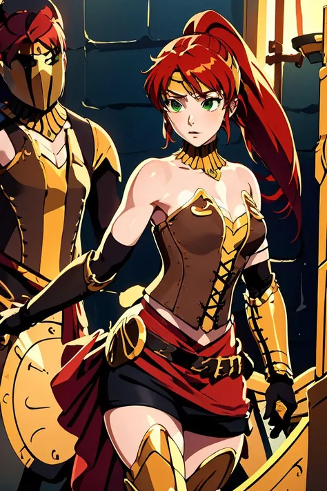 (masterpiece, best quality), 1girl,  <lora:PyrrhaNikos:1> PyrrhaNikos, green eyes, red hair, ponytail, long hair, sidelocks, headband, collar, gold jewels, armor, brown corset, skirt, (black arm band:1.2), glove, belt with red clothe, leg sheaths, boots