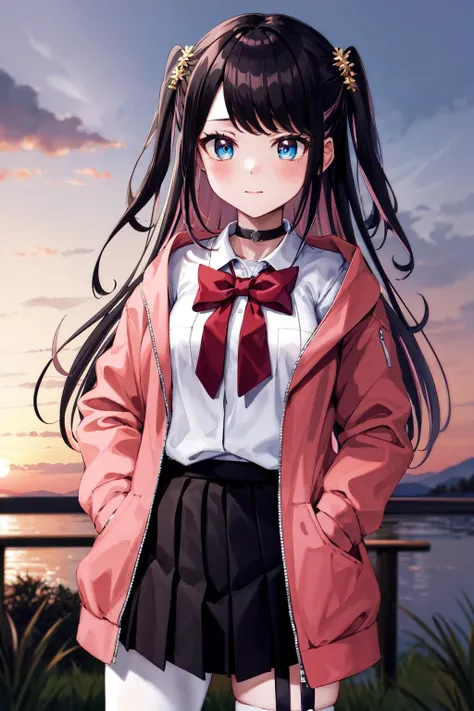 masterpiece, best quality, highres, aanazuna, two side up, multicolored hair, choker,  red bow, white shirt, pink jacket, open clothes, long sleeves, black skirt, pleated skirt, garter straps, white thighhighs, <lora:kaga_nazuna_v1:0.7>, outdoors, hand in pocket, sunset,