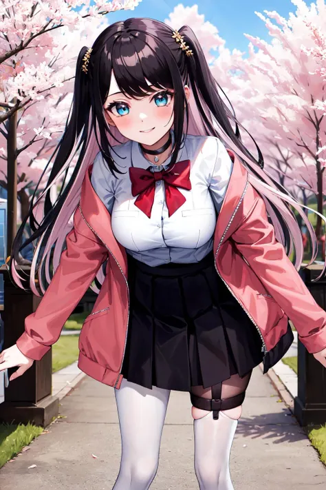 masterpiece, best quality, highres, aanazuna, two side up, multicolored hair, choker,  red bow, white shirt, pink jacket, open clothes, long sleeves, black skirt, pleated skirt, garter straps, white thighhighs, <lora:kaga_nazuna_v1:0.7>, cherry blossoms, leaning forward, bent over, smile, outdoors