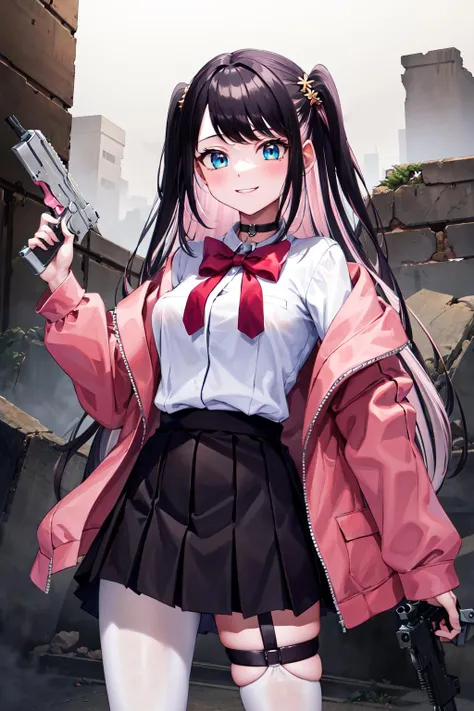 masterpiece, best quality, highres, aanazuna, two side up, multicolored hair, choker,  red bow, white shirt, pink jacket, open clothes, long sleeves, black skirt, pleated skirt, garter straps, white thighhighs, <lora:kaga_nazuna_v1:0.7>, holding weapon, handgun, ruins, smile