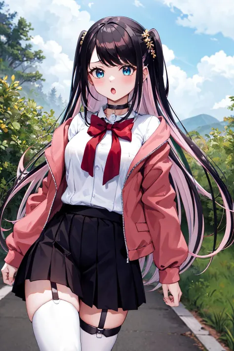 masterpiece, best quality, highres, aanazuna, two side up, multicolored hair, choker,  red bow, white shirt, pink jacket, open clothes, long sleeves, black skirt, pleated skirt, garter straps, white thighhighs, <lora:kaga_nazuna_v1:0.7>, walking, cowboy shot, :o,