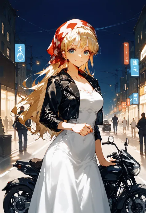 score_9, score_8_up, score_7_up, 1girl, RythModaOPPony, red bandana, black leather jacket, cowboy shot, motorcycle, looking at viewer, smiling, white dress, night, street, <lora:ModaOPPony-101:0.9>