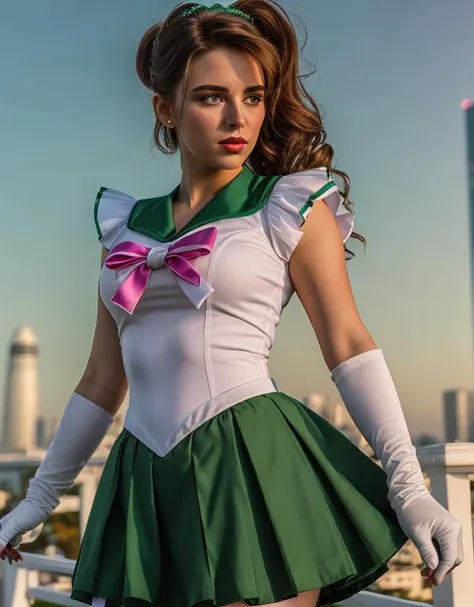 (Cinematic Photo:1.3) realistic, HD, Photo , eternal sailor jupiter , skirt green, belt, white gloves, background, HD. Photography (masterpiece:1.2, best quality), ultra detailed, Ultra-precise depiction, Ultra-detailed depiction,,Highly Detailed , outdoors, sunset, plants, japan building <lora:Jupiter10_16:1> <lora:4x_RealisticRescaler_100000_G:1> <lora:epiNoiseoffset_v2:1>