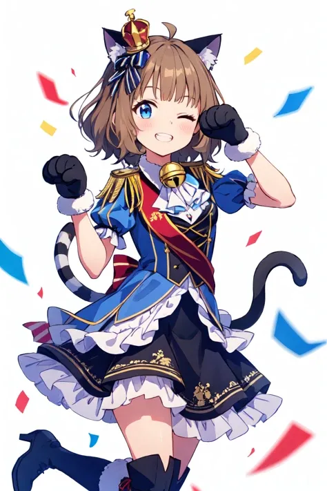 suou momoko, gatto-marciale, white neckwear, blue dress, white background, standing, black skirt, ahoge, hair bow, fur-trimmed gloves, wavy hair, vest, paw pose, black gloves, looking at viewer, hand up, cat ears, light brown hair, striped neckwear, frilled legwear, crown, black footwear, short hair, 1girl, paw print, epaulettes, smile, blunt bangs, medium hair, animal hands, frilled skirt, fur trim, frilled sleeves, standing on one leg, cat girl, leg up, confetti, one eye closed, open mouth, black legwear, frills, blue footwear, arm up, eyebrows visible through hair, striped bow, cat tail, blue bow, kemonomimi mode, animal ear fluff, puffy short sleeves, short sleeves, striped tail, blush, frilled dress, puffy sleeves, ;d, animal ears, mini crown, brown hair, blue neckwear, blue shirt, tail raised, kneehighs, boots, blue eyes, teeth, knee boots, grin, striped ribbon, solo, puff and slash sleeves, fur-trimmed collar, red sash, gold trim, neck bell, white neckerchief, blue bowtie, striped bowtie, tilted headwear, frilled gloves, layered dress, high heel boots, fur-trimmed boots, red waist ribbon <lora:suou_momoko_locon_v1:0.7>