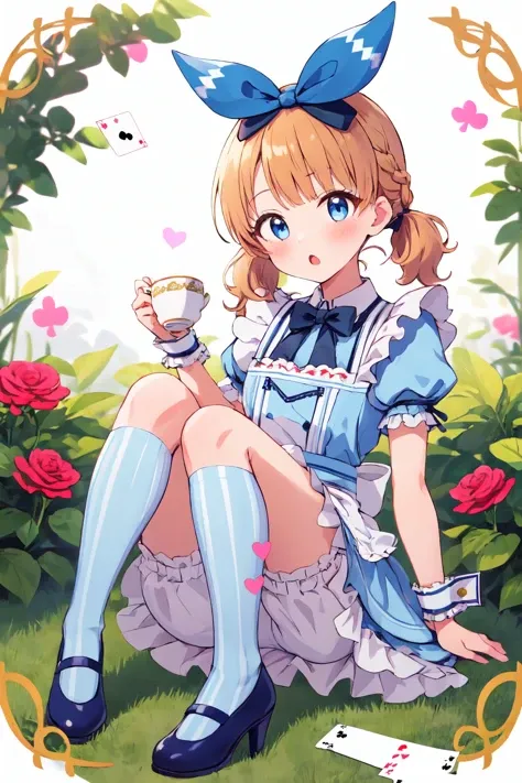 1girl, solo, blue eyes, cup, dress, teacup, striped, striped legwear, open mouth, underwear, bloomers, twintails, short sleeves, blue dress, holding cup, maid apron, puffy sleeves, looking at viewer, bangs, puffy short sleeves, ribbon, hair bow, frills, black footwear, :o, black bow, hair ribbon, alice \(alice in wonderland\) \(cosplay\), shoe soles, card, flower, shoes, black neckwear, kneehighs, heart, braid, wrist cuffs, white apron, apron bow, blue bow, bowtie, clover hair ornament, medium hair, short hair, tea, socks, blonde hair, brown hair, blue ribbon, food, white bloomers, teapot, orange hair, short twintails, blue footwear, white legwear, frilled legwear, eyebrows visible through hair, high heels, clover, black ribbon, saucer, club \(shape\), sugar cube, bush, rose, playing card, blush, frilled dress, spade \(shape\), frilled apron, four-leaf clover, blue skirt, holding saucer, hair ornament, legs up, red flower, white flower, pink flower, frilled sleeves, full body, garden, center frills,  <lora:suou_momoko_locon_v1:0.7>