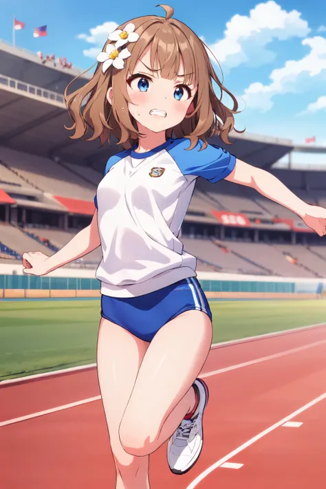 suou momoko, active-chrng, blush, long hair, brown hair, 1girl, eyebrows visible through hair, leg up, blunt bangs, looking at another, blue sky, sweat, small breasts, clenched teeth, track and field, gym shirt, short sleeves, teeth, hair ornament, cloud, ass, depth of field, running, solo focus, sweatdrop, ahoge, light brown hair, blurry background, standing, v-shaped eyebrows, sneakers, open mouth, standing on one leg, buruma, short hair, white flower, running track, clothes writing, sports festival, shoes, gym uniform, raglan sleeves, blue buruma, dutch angle, hair flower, tree, blue shirt, blue eyes, stadium, day, sky, black hair, string of flags, outdoors, wavy hair, flag <lora:suou_momoko_locon_v1:0.7>