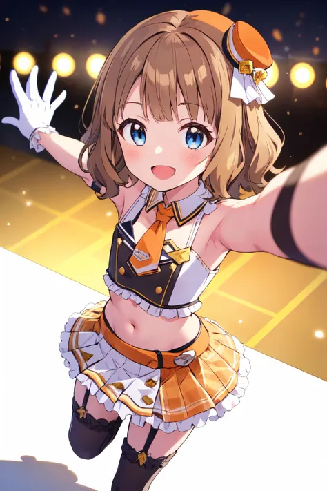 suou momoko, diamond chronicle, outstretched arms, crop top, bare shoulders, blunt bangs, brown hair, flat chest, smile, white skirt, short hair, arms up, layered skirt, orange neckwear, mini hat, navel, tilted headwear, short necktie, blush, standing, foreshortening, small breasts, from above, frilled skirt, black legwear, open mouth, :d, looking up, shadow, orange headwear, white gloves, reaching out, medium hair, eyebrows visible through hair, armpits, looking at viewer, orange bow, 1girl, yellow skirt, stomach, frills, miniskirt, midriff, thighhighs, detached collar, idol, garter straps, orange skirt, blue eyes, reaching towards viewer, white collar, solo, sleeveless, yellow headwear, hat ornament, orange collar, orange necktie, aiguillette, plaid skirt, pleated skirt, two-tone skirt, frilled gloves, orange belt, armband, stage <lora:suou_momoko_locon_v1:0.7>