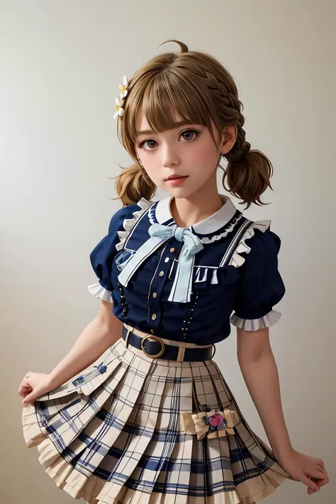 (masterpiece, best quality), 1girl,   <lora:suou_momoko_locon_v1:1> SUOU MOMOKO, PRIV-DRESS, AHOGE, BLUNT BANGS, LOW TWINTAILS, SHORT TWINTAILS, BRAID, BLUE SHIRT, BLUE BLOUSE, COLLARED SHIRT, FRILLED SHIRT, CENTER FRILLS, FRILLED SHIRT COLLAR, PUFFY SHORT SLEEVES, HAIR ORNAMENT, BLUE BOW, HAIR FLOWER, WHITE FLOWER, HAIRCLIP, BROWN SKIRT, FRILLED SKIRT, PLAID SKIRT, PLEATED SKIRT, SKIRT BOW, BOWTIE, BLUE NECKWEAR, BROWN BELT