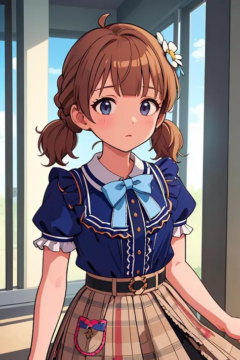 (masterpiece, best quality), 1girl,   <lora:suou_momoko_locon_v1:1> SUOU MOMOKO, PRIV-DRESS, AHOGE, BLUNT BANGS, LOW TWINTAILS, SHORT TWINTAILS, BRAID, BLUE SHIRT, BLUE BLOUSE, COLLARED SHIRT, FRILLED SHIRT, CENTER FRILLS, FRILLED SHIRT COLLAR, PUFFY SHORT SLEEVES, HAIR ORNAMENT, BLUE BOW, HAIR FLOWER, WHITE FLOWER, HAIRCLIP, BROWN SKIRT, FRILLED SKIRT, PLAID SKIRT, PLEATED SKIRT, SKIRT BOW, BOWTIE, BLUE NECKWEAR, BROWN BELT