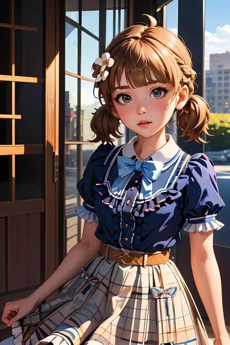 (masterpiece, best quality), 1girl,   <lora:suou_momoko_locon_v1:1> SUOU MOMOKO, PRIV-DRESS, AHOGE, BLUNT BANGS, LOW TWINTAILS, SHORT TWINTAILS, BRAID, BLUE SHIRT, BLUE BLOUSE, COLLARED SHIRT, FRILLED SHIRT, CENTER FRILLS, FRILLED SHIRT COLLAR, PUFFY SHORT SLEEVES, HAIR ORNAMENT, BLUE BOW, HAIR FLOWER, WHITE FLOWER, HAIRCLIP, BROWN SKIRT, FRILLED SKIRT, PLAID SKIRT, PLEATED SKIRT, SKIRT BOW, BOWTIE, BLUE NECKWEAR, BROWN BELT