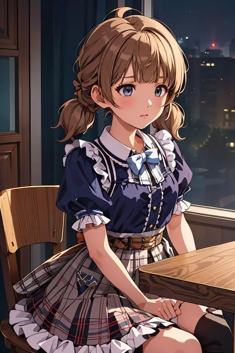 (masterpiece, best quality), 1girl,   <lora:suou_momoko_locon_v1:1> SUOU MOMOKO, PRIV-DRESS, AHOGE, BLUNT BANGS, LOW TWINTAILS, SHORT TWINTAILS, BRAID, BLUE SHIRT, BLUE BLOUSE, COLLARED SHIRT, FRILLED SHIRT, CENTER FRILLS, FRILLED SHIRT COLLAR, PUFFY SHORT SLEEVES, HAIR ORNAMENT, BLUE BOW, HAIR FLOWER, WHITE FLOWER, HAIRCLIP, BROWN SKIRT, FRILLED SKIRT, PLAID SKIRT, PLEATED SKIRT, SKIRT BOW, BOWTIE, BLUE NECKWEAR, BROWN BELT