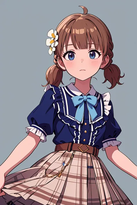 (masterpiece, best quality), 1girl,   <lora:suou_momoko_locon_v1:1> SUOU MOMOKO, PRIV-DRESS, AHOGE, BLUNT BANGS, LOW TWINTAILS, SHORT TWINTAILS, BRAID, BLUE SHIRT, BLUE BLOUSE, COLLARED SHIRT, FRILLED SHIRT, CENTER FRILLS, FRILLED SHIRT COLLAR, PUFFY SHORT SLEEVES, HAIR ORNAMENT, BLUE BOW, HAIR FLOWER, WHITE FLOWER, HAIRCLIP, BROWN SKIRT, FRILLED SKIRT, PLAID SKIRT, PLEATED SKIRT, SKIRT BOW, BOWTIE, BLUE NECKWEAR, BROWN BELT