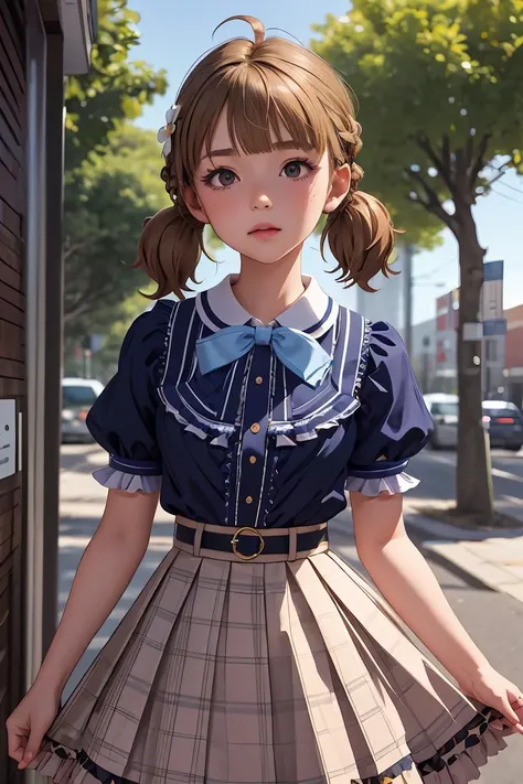 (masterpiece, best quality), 1girl,   <lora:suou_momoko_locon_v1:1> SUOU MOMOKO, PRIV-DRESS, AHOGE, BLUNT BANGS, LOW TWINTAILS, SHORT TWINTAILS, BRAID, BLUE SHIRT, BLUE BLOUSE, COLLARED SHIRT, FRILLED SHIRT, CENTER FRILLS, FRILLED SHIRT COLLAR, PUFFY SHORT SLEEVES, HAIR ORNAMENT, BLUE BOW, HAIR FLOWER, WHITE FLOWER, HAIRCLIP, BROWN SKIRT, FRILLED SKIRT, PLAID SKIRT, PLEATED SKIRT, SKIRT BOW, BOWTIE, BLUE NECKWEAR, BROWN BELT