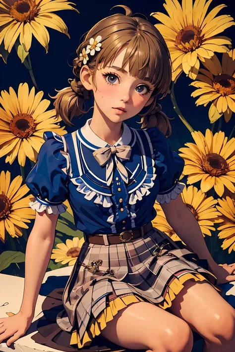 (masterpiece, best quality), 1girl,   <lora:suou_momoko_locon_v1:1> SUOU MOMOKO, PRIV-DRESS, AHOGE, BLUNT BANGS, LOW TWINTAILS, SHORT TWINTAILS, BRAID, BLUE SHIRT, BLUE BLOUSE, COLLARED SHIRT, FRILLED SHIRT, CENTER FRILLS, FRILLED SHIRT COLLAR, PUFFY SHORT SLEEVES, HAIR ORNAMENT, BLUE BOW, HAIR FLOWER, WHITE FLOWER, HAIRCLIP, BROWN SKIRT, FRILLED SKIRT, PLAID SKIRT, PLEATED SKIRT, SKIRT BOW, BOWTIE, BLUE NECKWEAR, BROWN BELT