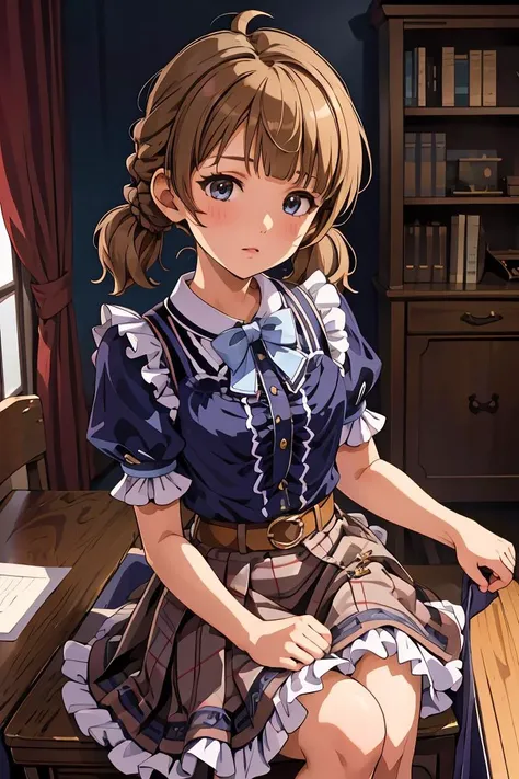 (masterpiece, best quality), 1girl,   <lora:suou_momoko_locon_v1:1> SUOU MOMOKO, PRIV-DRESS, AHOGE, BLUNT BANGS, LOW TWINTAILS, SHORT TWINTAILS, BRAID, BLUE SHIRT, BLUE BLOUSE, COLLARED SHIRT, FRILLED SHIRT, CENTER FRILLS, FRILLED SHIRT COLLAR, PUFFY SHORT SLEEVES, HAIR ORNAMENT, BLUE BOW, HAIR FLOWER, WHITE FLOWER, HAIRCLIP, BROWN SKIRT, FRILLED SKIRT, PLAID SKIRT, PLEATED SKIRT, SKIRT BOW, BOWTIE, BLUE NECKWEAR, BROWN BELT