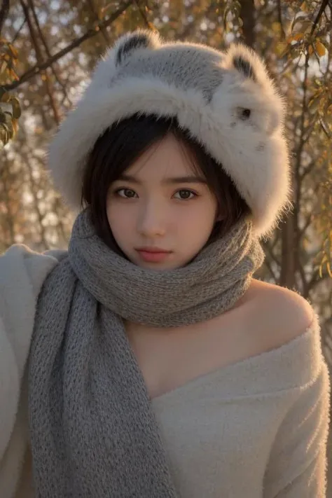 (masterpiece, best picture quality),1girl, Ultra-realistic 8k CG, masterpiece, best quality, (photorealistic:1.4), HDR, absurdres, Professional, RAW photo, lens flare, (film grain:1.1), Bokeh, ((Depth of field)), studio light, a woman in a fur hat and scarf , a doll in a hay pile with hay bales in the background, 1girl, animal, animal_on_shoulder, bird, blurry, blurry_background, depth_of_field, lips, looking_at_viewer, owl, photo_(medium), photo_inset, realistic, solo. Highly detailed,Professional,extreme detail description;
