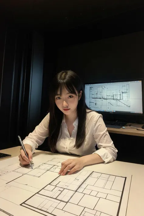 A female architect designing a modern and provocative skyscraper, dressed in professional attire, sketching blueprints, computer screens.