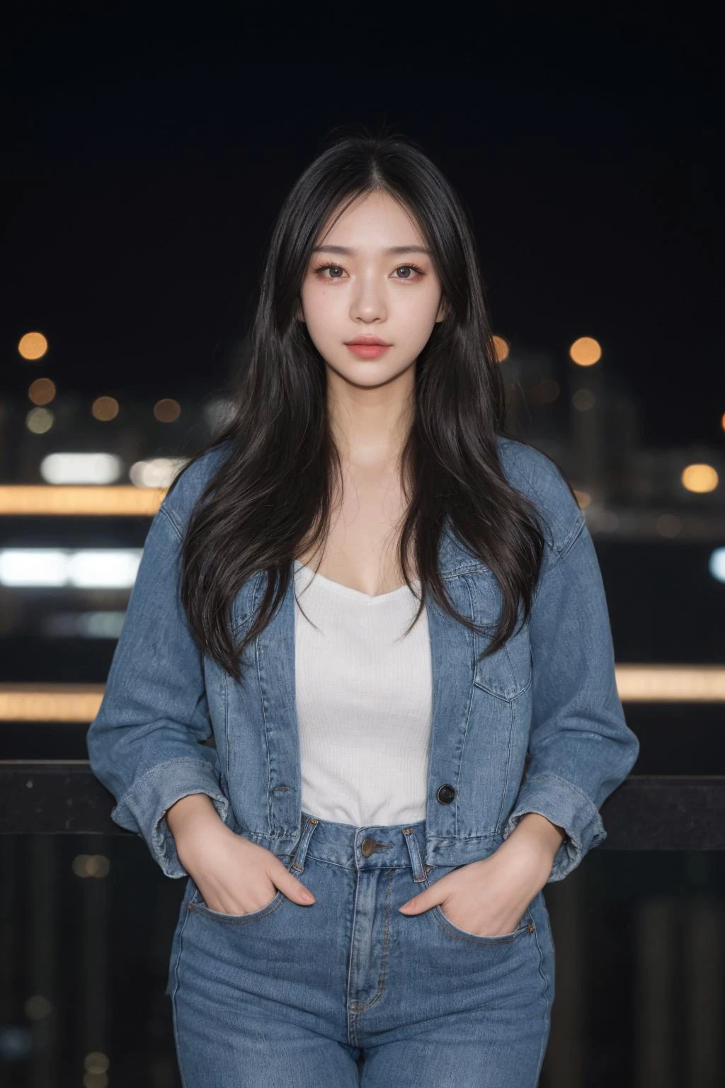 (masterpiece:1.2),best quality,high resolution,unity 8k wallpaper,(illustration:1),perfect lighting,photo_\(medium\),photorealistic,realistic,<lyco:GoodHands-beta2:1>,
1girl, stylish outfit, fitted jeans, oversized jacket, fashionable accessories, (realistic detailed eyes, natural skin texture, confident expression), cityscape backdrop, rooftop or high-rise balcony, dynamic composition, engaging pose, soft yet striking lighting, shallow depth of field, bokeh from city lights, sharp details, highly detailed, hyper-realistic, 50mm lens, naturally blurred background,<lora:more_details:0.3>, <lyco:InstantPhotoX3:0.3>