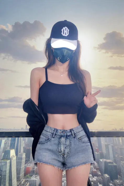 (masterpiece:1.2),best quality,high resolution,unity 8k wallpaper,(illustration:1),beautiful detailed eyes:,extremely detailed face,perfect lighting,photo_\(medium\),photorealistic,realistic,
hat, shorts, baseball cap, long hair, 1girl, necklace, denim, solo, jewelry, jacket, sky, denim shorts, brown hair, tank top, off shoulder, building, mask, cityscape, short shorts, black hair, midriff, city, day, plaid, crop top,<lyco:InsPX:0.3>