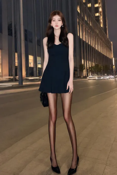 best quality, high resolution, unity 8k wallpaper, (illustration:1.0),perfect lighting,photo_\(medium\), photorealistic, realistic,
1girl, solo, pantyhose, long hair, bag, handbag, night, car, skirt, outdoors, brown hair, motor vehicle, jewelry, ground vehicle, road, standing, black footwear, city, building, street, lamppost, earrings, looking at viewer, full body, high heels, polka dot, realistic, bare shoulders, black skirt, sleeveless, fashion, lips, holding