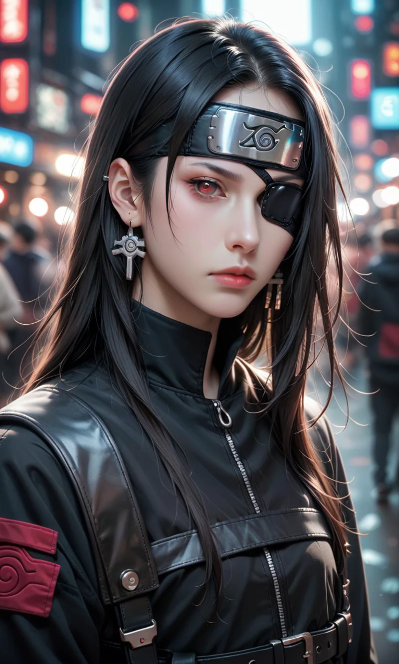 score_9, score_8_up, score_7_up, best quality, masterpiece,realistic, (score_9, score_8_up), score_7_up, zPDXL, 1girl, upper body, black mantle, earrings, cyberpunk, eyepatch, neon eyepatch, black hair, wild hair, long hair, red eyes, looking at viewer, expressionless, dark, dark theme, black sclera, konohagakure symbol, forehead protector, naruto \(series\), <lora:Sinozick_Style_XL_Pony:1>, sinozick styleã