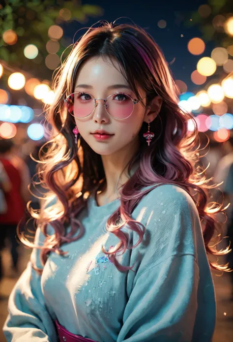 score_9, score_8_up, score_7_up, best quality, masterpiece,realistic, realistic photo portrait of a beautiful girl with long wavy hair, bangs, at a carnival at night, wearing a sweater and pink sunglasses, cyan and magenta colors, (depth of field, bokeh:1.2) (score_9, score_8_up, score_7_up, 4k)