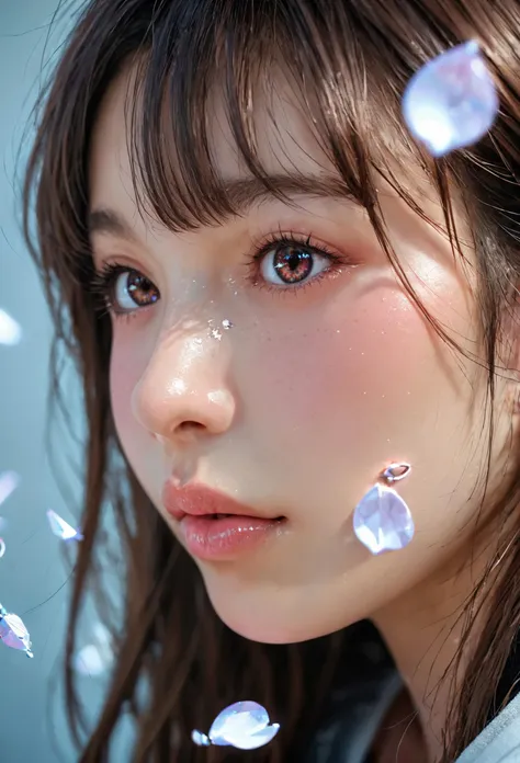 score_9, score_8_up, score_7_up, Girl's profile picture, brown hair with bangs, light blue petals on cheeks, realistic skin texture, 