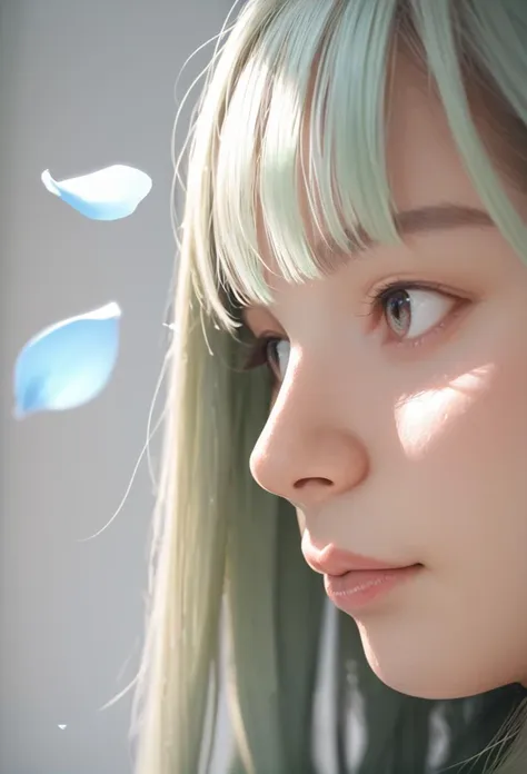 score_9, score_8_up, score_7_up, Girl's profile picture, light green long hair with bangs, light blue petals on cheeks, realistic skin texture, detailed picture, close-up, HD32k score_9, score_8_up, score_7_up, Girl's profile picture, light green long hair with bangs, light blue petals on cheeks, realistic skin texture, detailed picture, close-up, HD32k