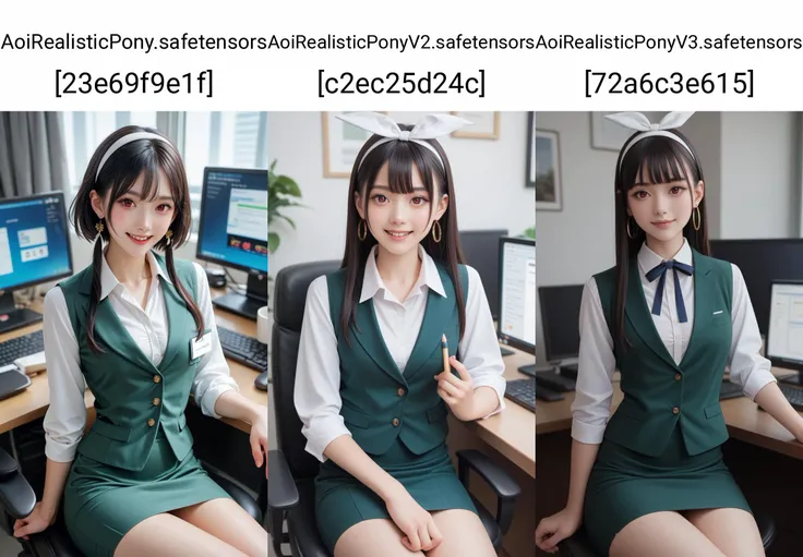 score_9, score_8_up, score_7_up, best quality, masterpiece,realistic, score_9, score_8_up, score_7_up, score_6_up, score_5_up, score_4_up, BREAK source_anime, 1girl, solo,<lora:SpyxFamilyYorXL-v1-07:0.8>, ChopioYor, black hair, red eyes, gold earrings, looking at viewer,short hair with long locks, sidelocks, white hairband, hair ribbon,medium breasts, (thick thighs:0.6), outfit_1, office lady, collared shirt, white shirt, green vest, breast pocket, green skirt, pencil skirt,office, monitor, keyboard \(computer\), desk, sitting, smile,,