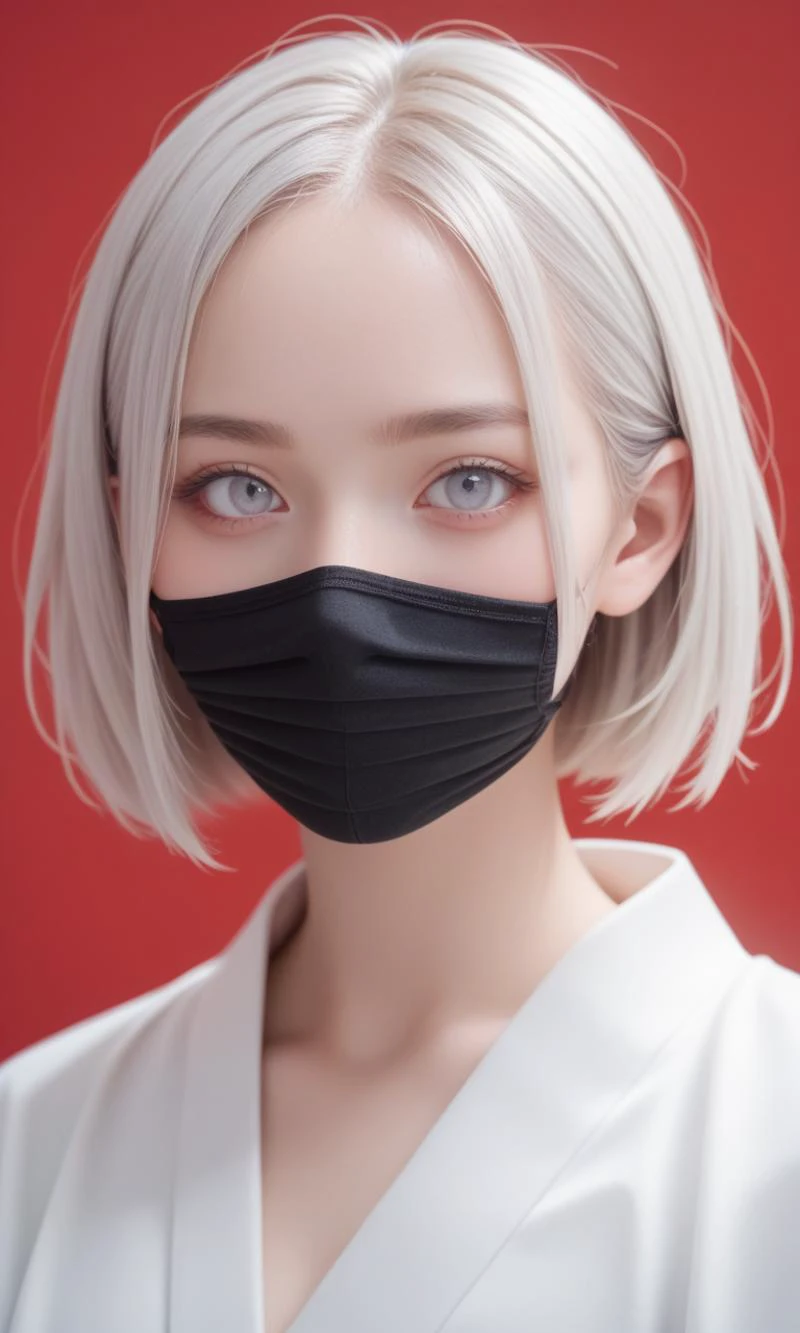 score_9, score_8_up, score_7_up, best quality, masterpiece,realistic, (score_9, score_8_up), score_7_up, zPDXL, 1girl, white hair, short hair, white eyes, mouth mask, looking at viewer, white kimono, red background, film grain, cowboy shot <lora:Sinozick_Style_XL_Pony:1>, sinozick styleã