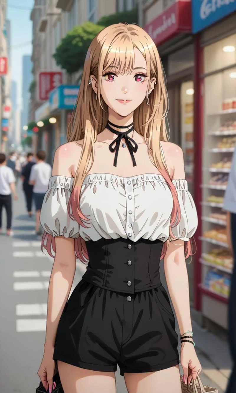 score_9, score_8_up, score_7_up, best quality, masterpiece,realistic, score_9, score_8_up, score_7_up, source_anime,<lora:SonoBisqueDoll_KitagawaMarinXL:0.8>, KitagawaMarin,1girl, light smile, closed mouth,multicolored hair, blonde hair, long hair, magenta eyes, ear piercing, earrings, pink nails, makeup,MarinCasual, off-shoulder shirt, white shirt, bare shoulders, short sleeves, neck ribbon, black ribbon, high-waist shorts, black shorts, buttons,standing, looking at viewer,outdoors, city, street, storefront, blurry backgroundã