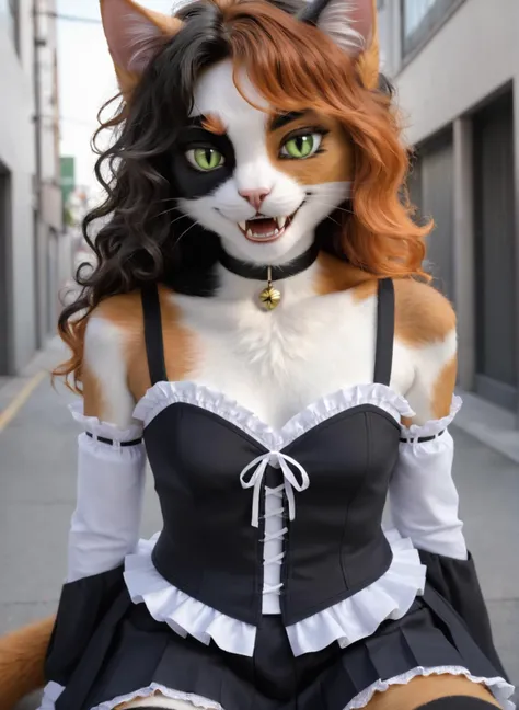 best quality, 1girl, photorealism, pov, (25 years old:1), cute face, (anthro cat:1.2), cat tail, fangs, slit pupils, (hime bangs:1), smug, green eyes, (shoulder-length messy hair), wavy hair, (calico hair), (multicolored hair:1), (choker:1), (calico fur:1.5), thighhighs, (pink frilly sleeveless blouse:1), (half corset connected to pleated skirt:1), (jirai kei:1.2), (detached sleeves:1), (japanese city street:1.2)