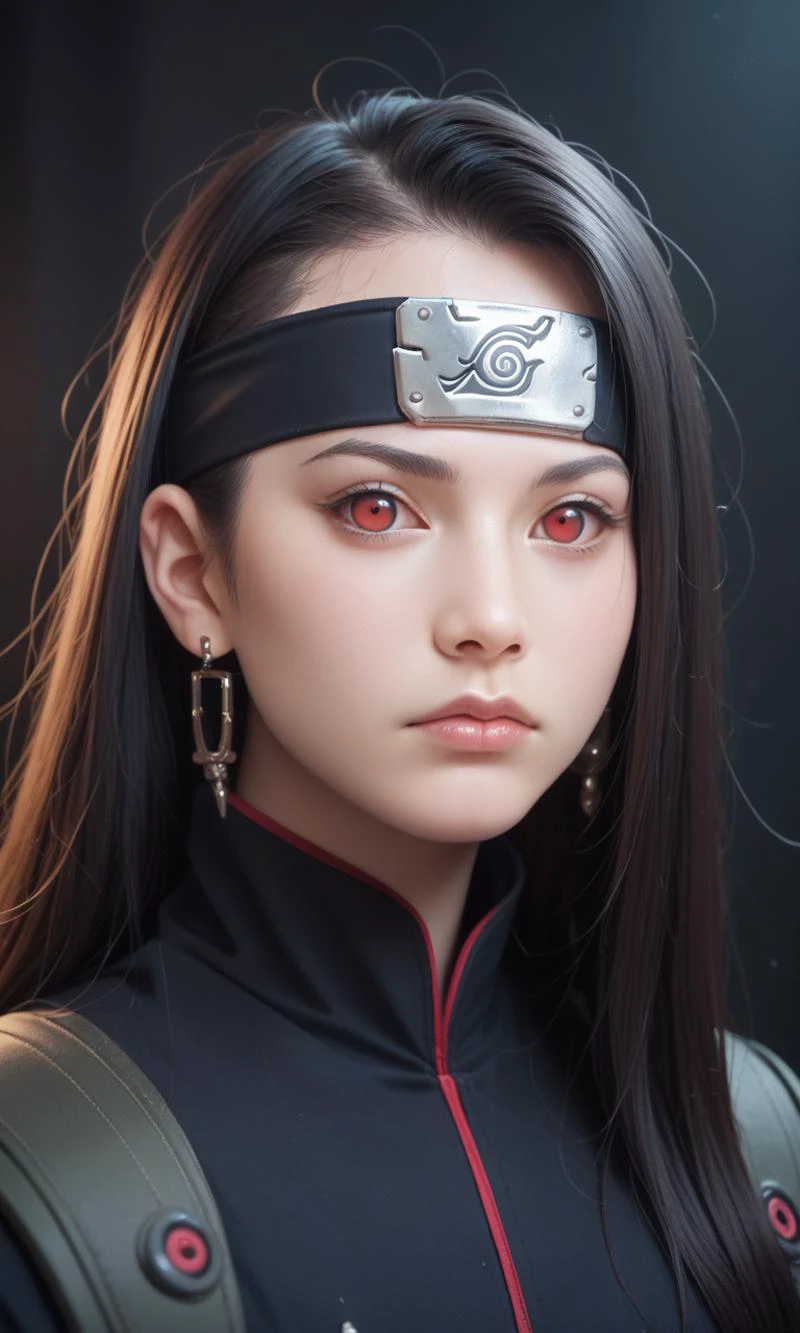 score_9, score_8_up, score_7_up, best quality, masterpiece,realistic, (score_9, score_8_up), score_7_up, zPDXL, 1girl, upper body, black mantle, earrings, cyberpunk, eyepatch, neon eyepatch, black hair, wild hair, long hair, red eyes, looking at viewer, expressionless, dark, dark theme, black sclera, konohagakure symbol, forehead protector, naruto \(series\), <lora:Sinozick_Style_XL_Pony:1>, sinozick styleã