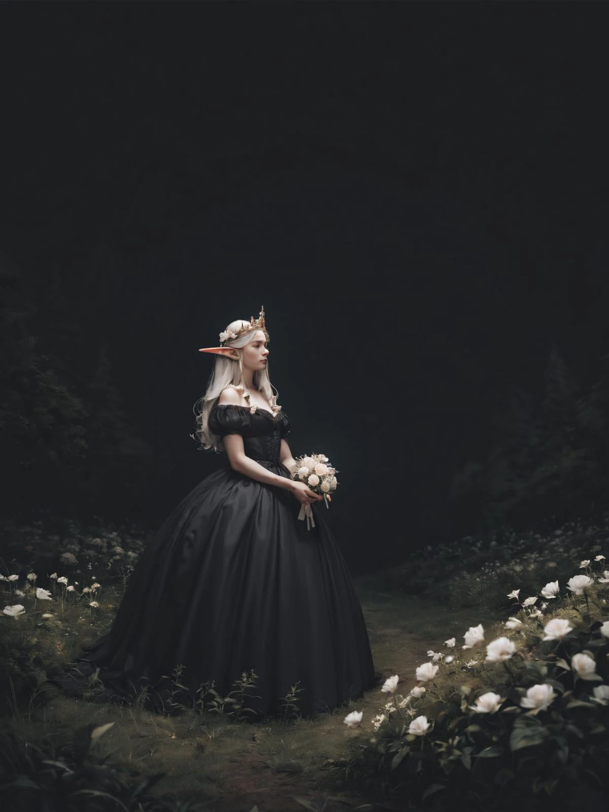 score_9, score_8_up, score_7_up, score_6_up, score_5_up, score_4_up, source_furry, timascus style, a night elf holding a bow, black background, dark brown hair, crown, flower in hair, timascus black dress, white hair, night scenery, forest, <lora:Timascusmix:1>