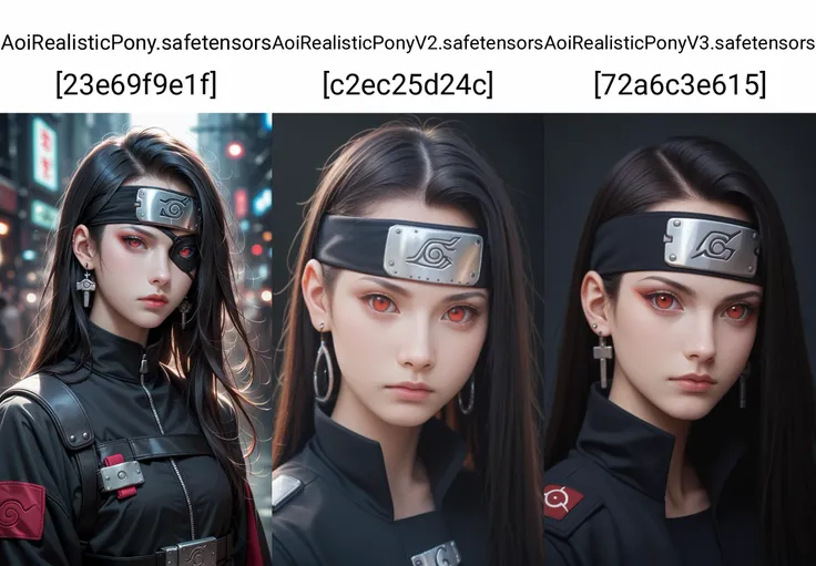 score_9, score_8_up, score_7_up, best quality, masterpiece,realistic, (score_9, score_8_up), score_7_up, zPDXL, 1girl, upper body, black mantle, earrings, cyberpunk, eyepatch, neon eyepatch, black hair, wild hair, long hair, red eyes, looking at viewer, expressionless, dark, dark theme, black sclera, konohagakure symbol, forehead protector, naruto \(series\), <lora:Sinozick_Style_XL_Pony:1>, sinozick style,