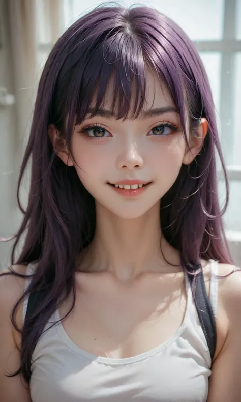 score_9, score_8_up, score_7_up, 1girl, smug, looking at viewer, light_purple hair, bangs, bronze eyes, medium breasts, arms_up, frontlighting