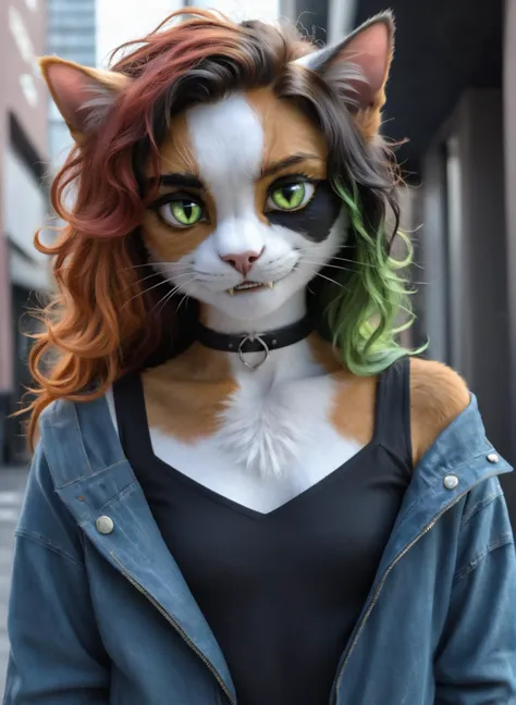 best quality, 1girl, photorealism, (25 years old:1), cute face, (anthro cat:1.2), cat tail, fangs, slit pupils, (hime bangs:1), smug, green eyes, (shoulder-length messy hair), wavy hair, (calico hair), (multicolored hair:1), (choker:1), (calico fur:1.5), (cyberwear jacket:1), (punk:1), (cyborg:1), (mechanical arms:1), (detached sleeves:1), (cyberpunk city street:1.2)