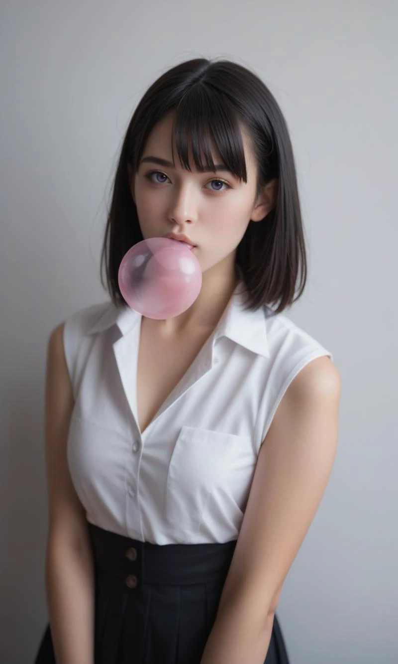 score_9, score_8_up, score_7_up, best quality, masterpiece,realistic,RAW Photo, DSLR BREAK(kkw-ph1:0.9) BREAKhalf body portrait of a young 20yo woman, black hair, wearing a summer dress BREAKdetailed, blowing bubble gum, translucent purple bubble gum <lora:Bubble Gum:0.55>, professional colorgraded