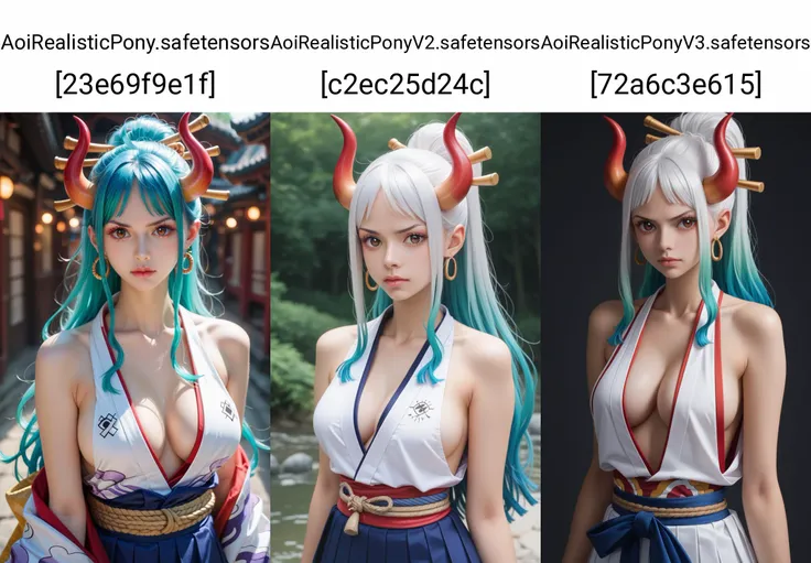score_9, score_8_up, score_7_up, best quality, masterpiece,realistic, score_9, score_8_up, score_7_up, best quality,masterpiece,8k wallpaper,absurdres, highres, ultra detailed, (1 young beautiful girl, solo:1.1),yamato (one piece),breasts,sideboob, horns, shimenawa,japanese clothes, rope, multicolored horns, multicolored hair, long hair, sleeveless kimono,curled horns, hair stick, earrings, red horns, hair ornament, jewelry,bare arms, kimono, sleeveless,oni,bare shoulders, large breasts, brown eyes, white hair, aqua hair, collarbone, hakama, two-tone hair, sidelocks, high ponytail, upper body, v-shaped eyebrows,<lora:Yamato_NOFACEtaaa0.5:1>,