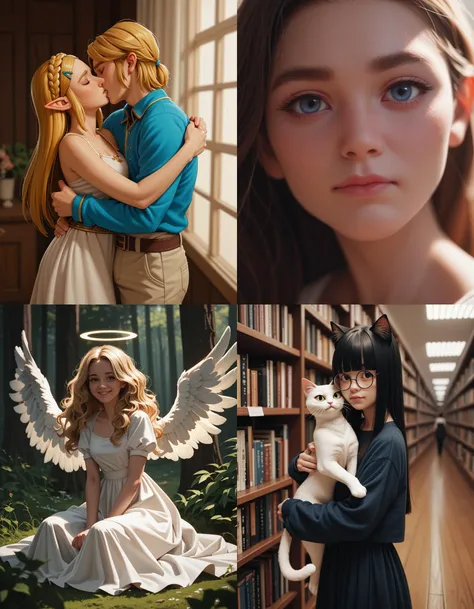 https://civitai.com/articles/5300 ___ All images: score_9, score_8_up, score_7_up ___ 1st image: 1girl, 1boy, Princess_Zelda, \(The_Legend_of_Zelda:_Breath_of_the_Wild\), standing, kiss, hug, closed_eyes ___ 2nd image: 1girl, lovely face, portrait, close-up, looking_at_viewer, closed_mouth ___ 3rd image: 1girl, solo, blonde_hair, wavy_hair, angel, angel_wings, halo, smile, sitting, forest, white_dress ___ 4th Image: 1girl, solo, long_hair, black_hair, blunt_bangs, straight_hair, round_eyewear, cat_girl, cat_ears, cat_tail, standing, hug cat, looking_at_viewer, library